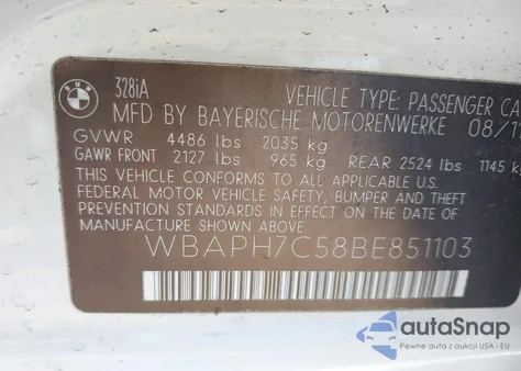 2011 BMW 328I z USA, uszkodzony, nr VIN WBAPH7C58BE851103